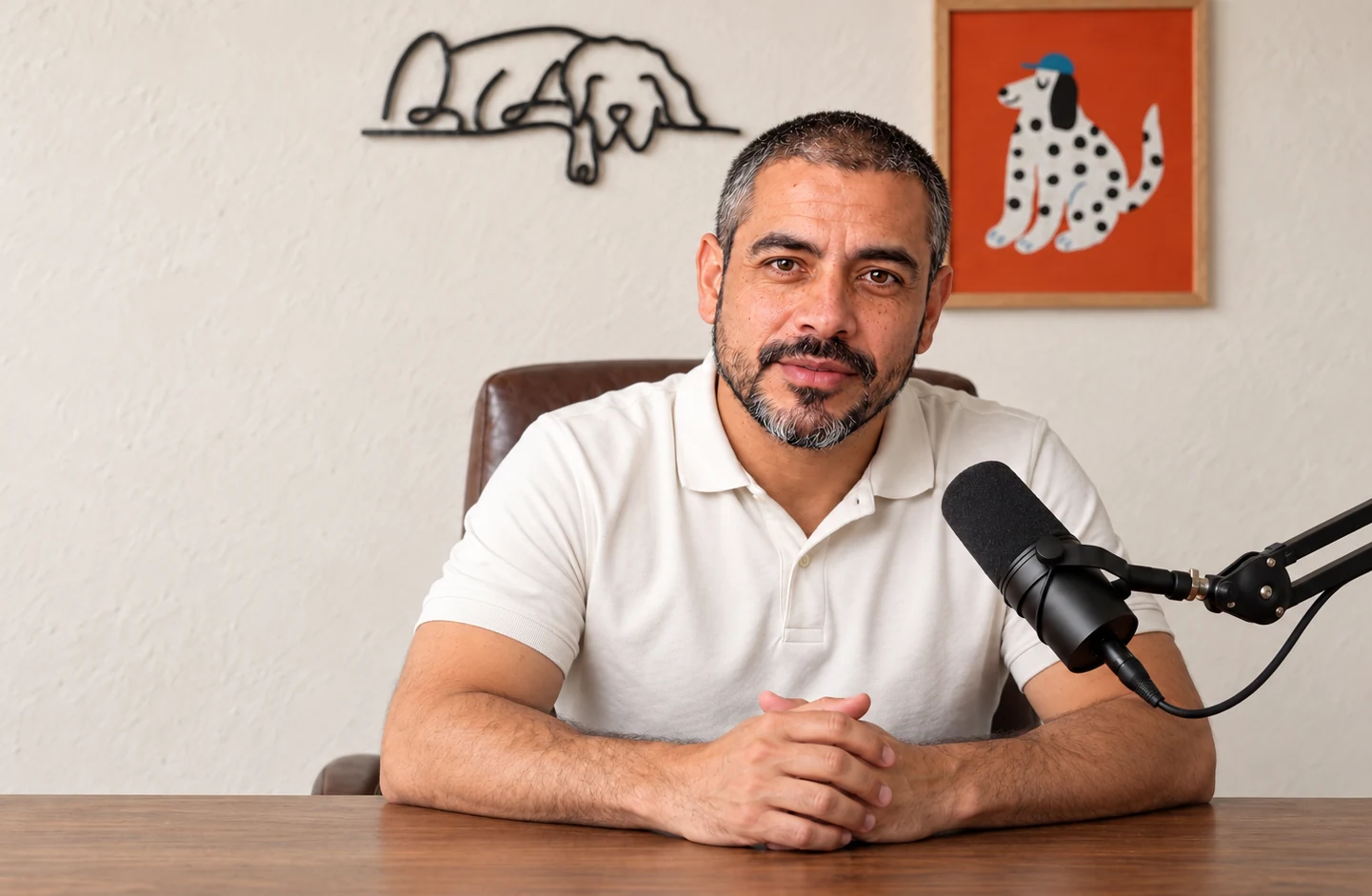 Marcus Hale’s brand character seated at a wooden desk with a microphone and dog artwork